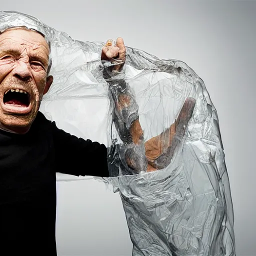 Image similar to a photographic portrait of a rugged elderly man, screaming, behind plastic wrap by Martin Schoeller