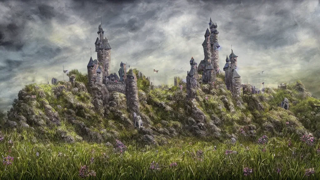 Prompt: a castle in a grassland. fantasy art style.