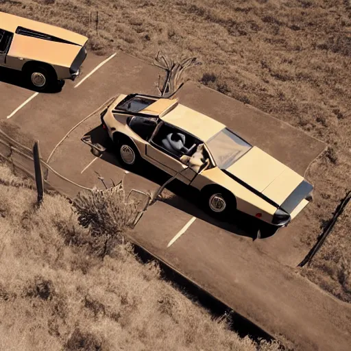 Prompt: a birds - eye view sepia photograph of a delorean in a line with covered wagons and cattle