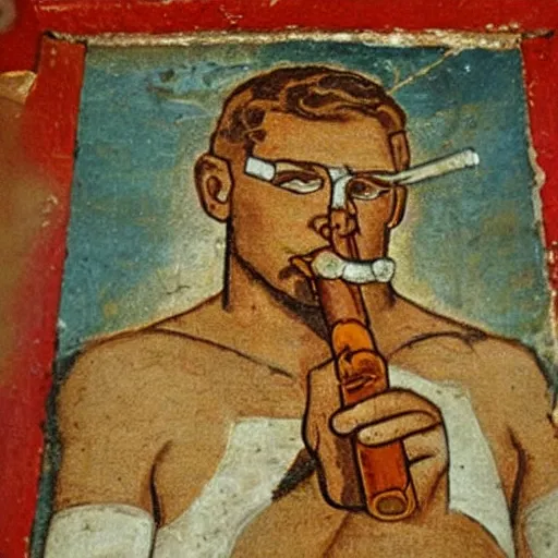 Image similar to fresco depicting Duke Nukem smoking a cigar found in a byzantine church dating back to the 12th century, intricate, highly detailed