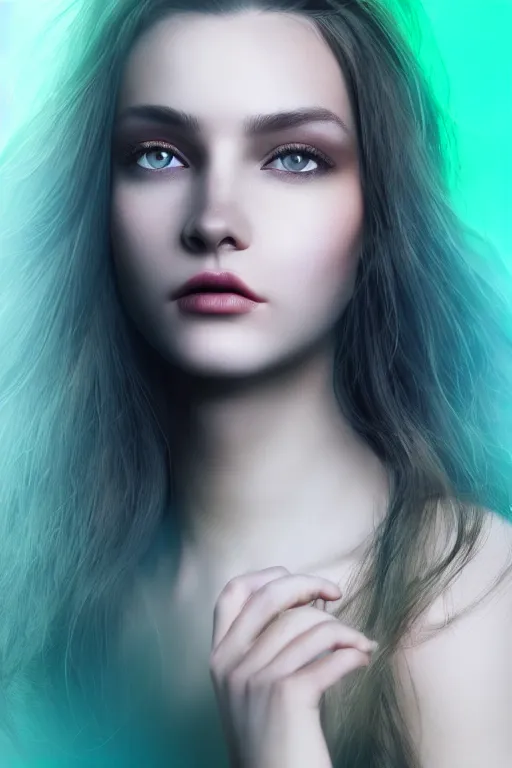 Image similar to pretty female wizard posing in front of plains + auburn hair + green eyes + elegant + warm hairlight + dramatic light + photorealistic + octane render + large well-defined eyelids + big astonished eyes + translucent skin + glossy lips + generous