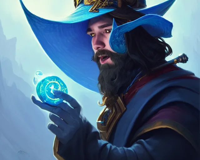 Image similar to alexis ohanian as a wizard, blue wizard hat, deep focus, d & d, fantasy, intricate, elegant, highly detailed, digital painting, artstation, concept art, matte, sharp, illustration, hearthstone, art by artgerm and greg rutkowski and alphonse mucha