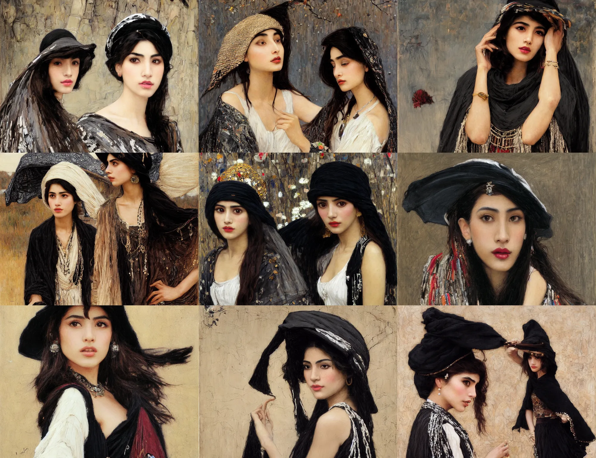 Image similar to profile portrait of single fashionable young iranian asian girl wearing rich jewerly hat and black and white boho poncho standing on extremely strong wind in elegant decollete, dark make up, artistic dramatic cinematic studio light, artwork by john william waterhouse and Denis Sarazhin and klimt and rhads and Dean Ellis and Detmold Charles Maurice