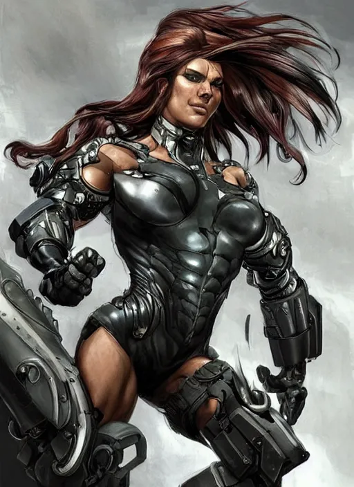 Image similar to very muscled Amazon jetstream sam from metal gear rising as a ruggedly mean looking heroine, intricate, elegant, highly detailed, centered, digital painting, artstation, concept art, smooth, sharp focus, illustration, art by artgerm and donato giancola and Joseph Christian Leyendecker, WLOP