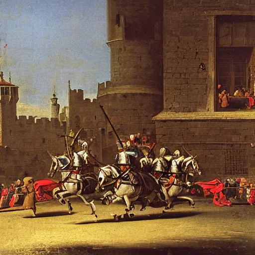 Prompt: A group of knights charging into a castle, Canaletto, high detail, cinematic, matte