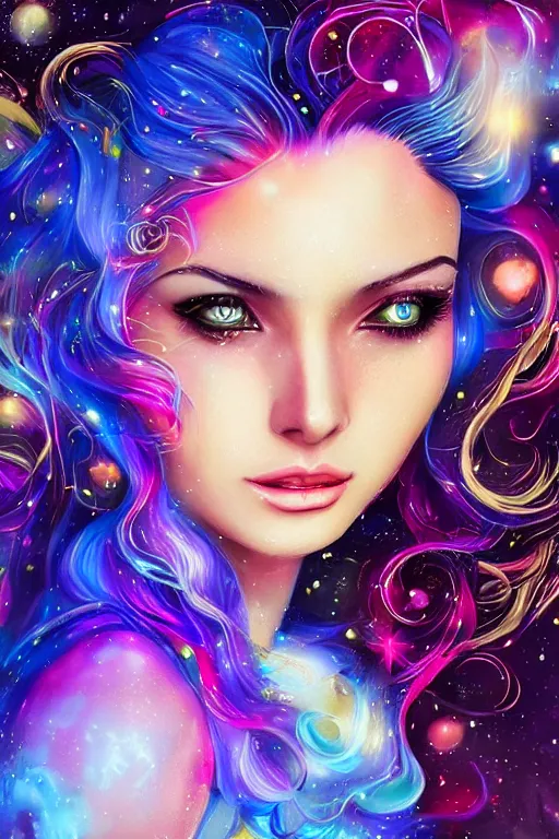 Image similar to a super realistic beautiful young womans face, magical, space stars and planets in her hair, windblown, intricate, synth-wave, retrowave, colorful, highly-detailed, elegant, dramatic lighting, gorgeous face, lifelike, photorealistic face, long luxurious intricate gown, digital painting, artstation, illustration, concept art, smooth, sharp focus, art by Jude Palencar, John Collier, artgerm, and Albert Aublet and Krenz Cushart and Artem Demura and Alphonse Mucha