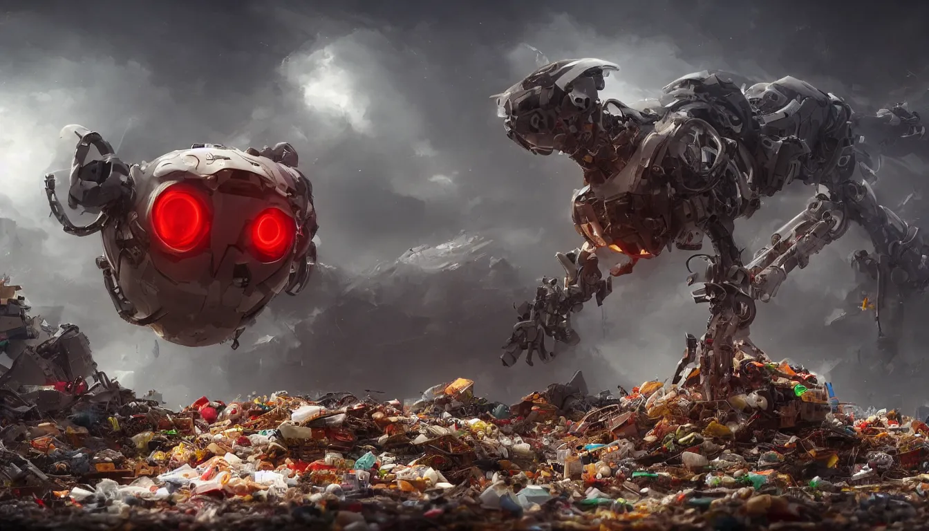 Image similar to gigantic robotic cat walks in a trash heap, red eyes, ai limbo, digital art, trending on artstation, 8k, epic composition, highly detailed,