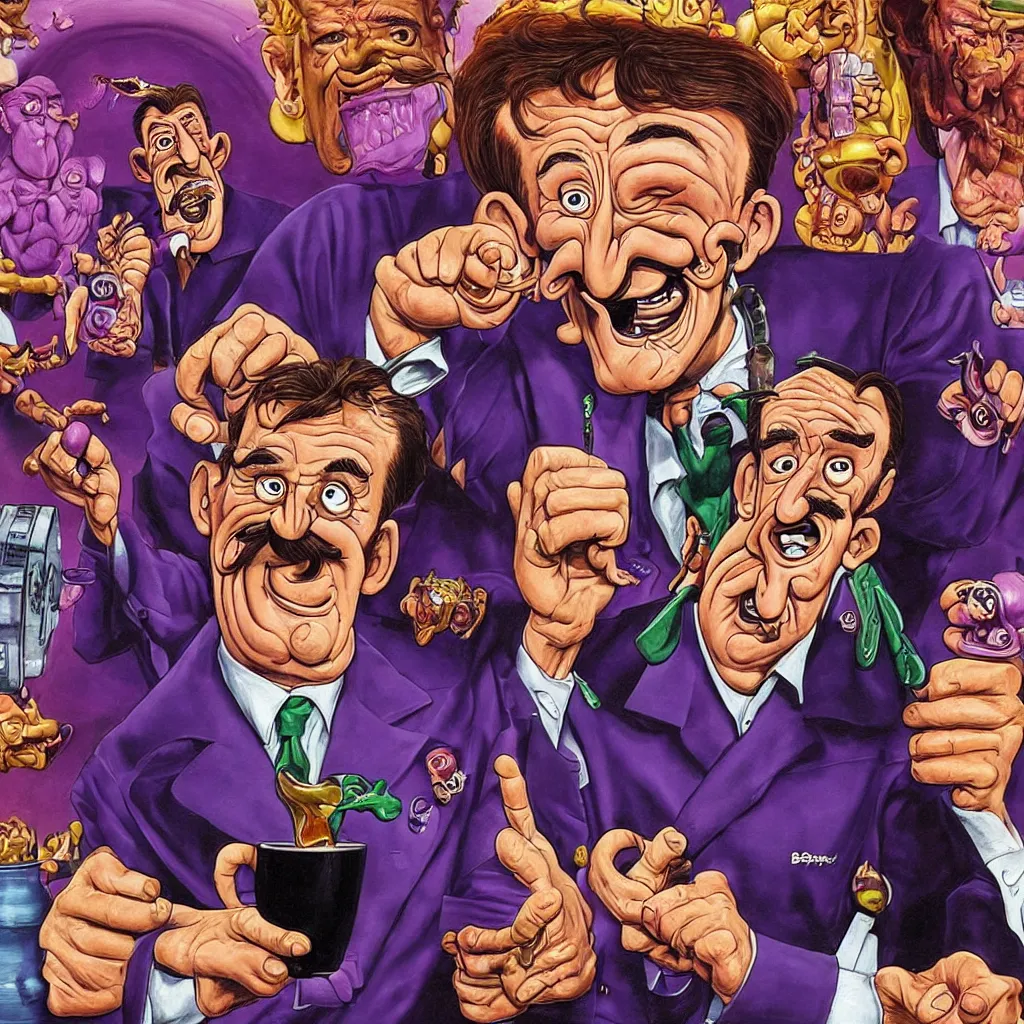 Image similar to promotional art for the movie'unless you hate bullruns ', barry chuckle preparing a batch of purple oil drink, hyperreal detailed facial features and uv lighting, art by ed roth and basil wolverton