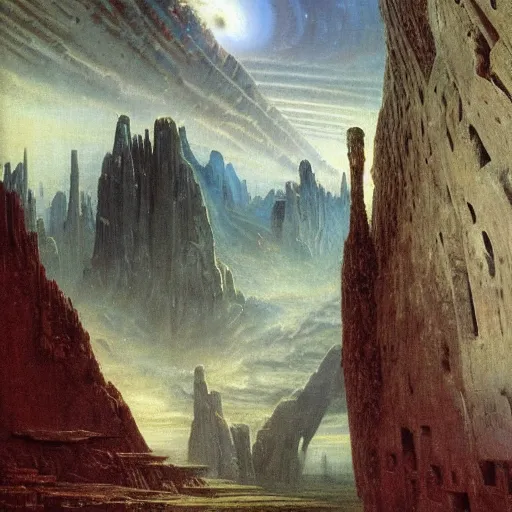 Image similar to The world is labyrinthine beyond possibility of imagining, inhabited on many levels by alien intelligence, infinite in extent, staggering in its beauty, terrifying in its weirdness, endlessly satisfying and peculiar, by John Constable and Ralph McQuarrie and Bruce Pennington