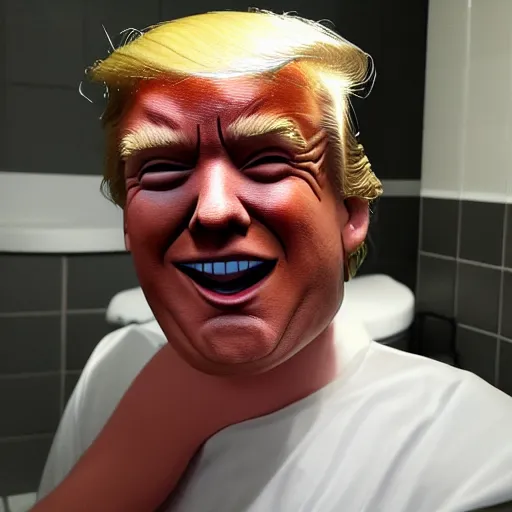 Image similar to a selfie of donald trump in his toilet, extremely happy, highly detailed skin, photo