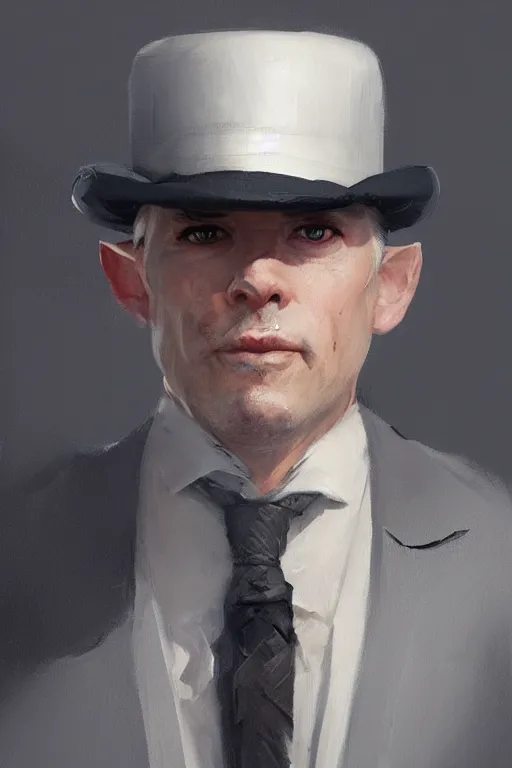 Image similar to a grey hair halfling with no beard top hat and suit by Greg Rutkowski, painting, portrait, HD, high details, trending on artstation