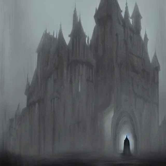 Prompt: a hooded figure entering a huge castle, raining and foggy, digital art by anato finnstark and randy vargas, featured on artstation and art of the year on deviantart, brethtaking lighting