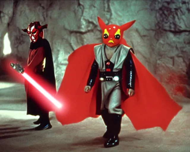 Image similar to Film still of Pikachu as Darth Maul from the movie Star Wars the phantom menace. Photographic, photography