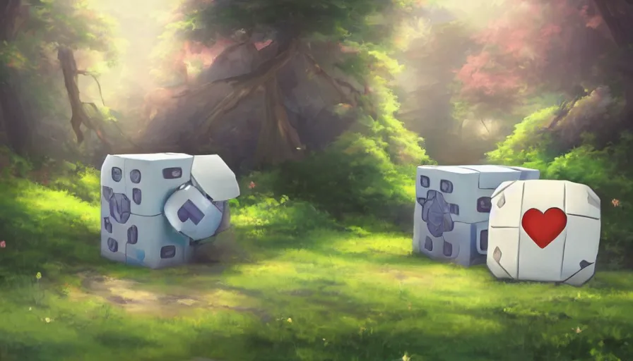 Prompt: beautiful painting of companion cube, anime, studio ghibli, makoto shinkai, rhads, radiant light, detailed, 4 k