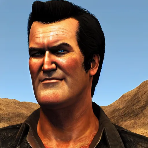 Image similar to a screenshot of bruce campbell in read dead redemption. 3 d rendering. unreal engine. amazing likeness. very detailed. cartoon caricature