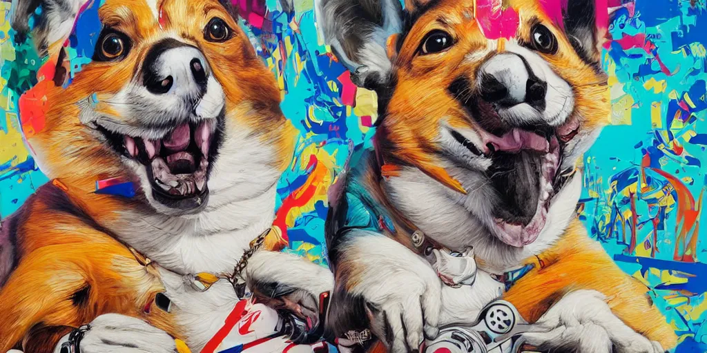 Prompt: beautiful painting of hiphop DJ corgi lofi breakdancing, by Tristan Eaton, James Gurney, greg rutkowski. trending on Artstation, 8k, masterpiece, graffiti paint, fine detail, full of color, intricate detail, golden ratio illustration, corgi