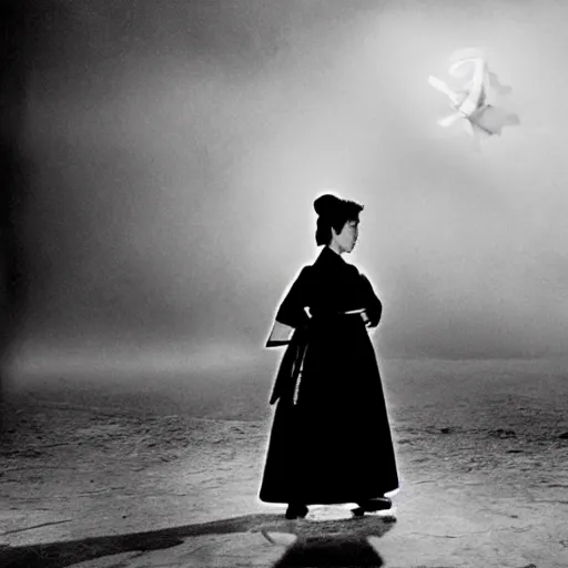 Prompt: a woman in traditional hanbok in the fog and a giant starfish Kaiju monster emerging above, 1950s Korean film noir in the style of Orson Welles and Ishirō Honda