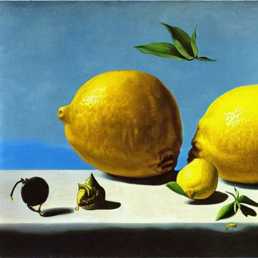 Image similar to a lemon eating another lemon, salvador dali, horror