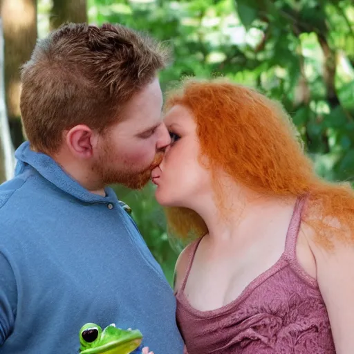 Image similar to a beautiful buxom woman kissing a frog prince, he is sitting in the palm of her hand, she is leaning over, her skin has a glow to it, she also has strawberry blonde hair, refined spontaneity, high - res