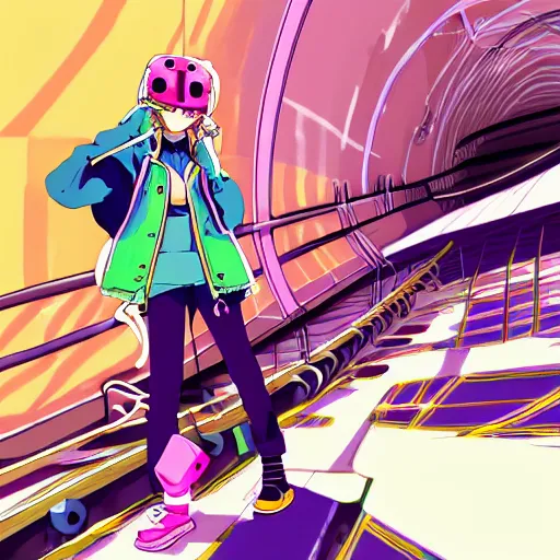 Image similar to anime girl with eccentric clothes, eccentric hairstyle, cel - shading, 2 0 0 1 anime, flcl, jet set radio future, golden hour, underground facility, underground tunnel, pipes, rollerbladers, rollerskaters, cel - shaded, jsrf, strong shadows, vivid hues, y 2 k aesthetic