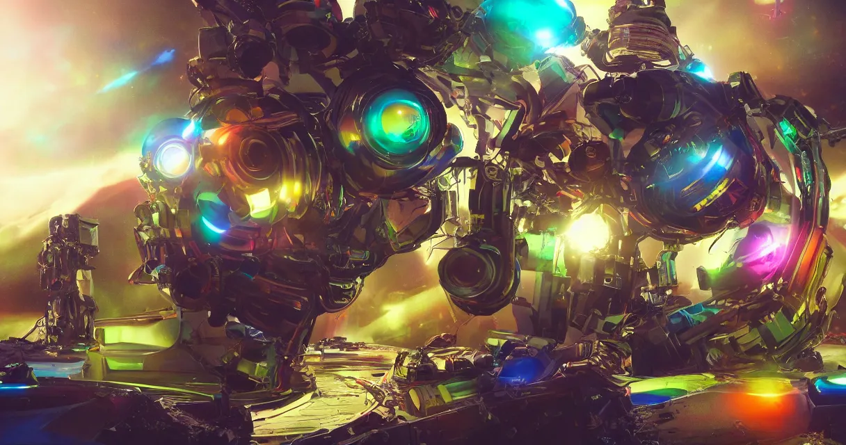 Prompt: vivid colors, spectrum, robot, drama, high quality, vray, cg, crazy, space, photoreal