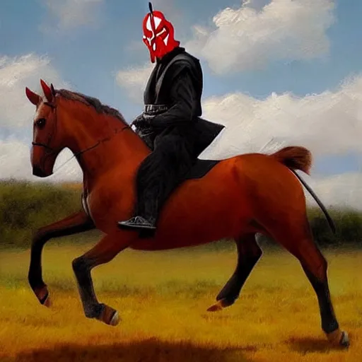 Image similar to darth maul riding his horse in his big iowa property, realistic painting