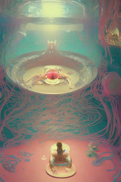 Image similar to interior of a Stomach Sensory deprivation tank filled with glowing pink water, Cross section, Claustrophobic, seapunk Mecha , vaporwave , digital art, artstation, by WLOP, Ilya repin, alphonse mucha., Very highly detailed 8K, octane, Digital painting, the golden ratio,