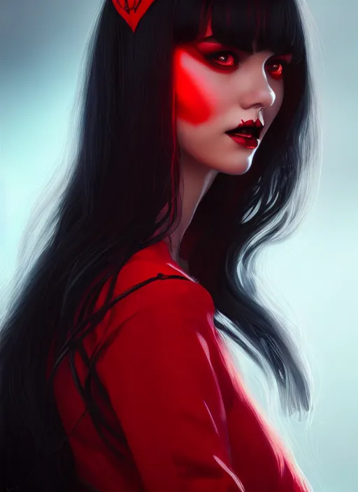 Prompt: portrait of vampire veronica lodge with bangs, vampire, long hair, red clothes, bangs, intricate, elegant, glowing lights, highly detailed, digital painting, artstation, concept art, smooth, sharp focus, illustration, art by wlop, mars ravelo and greg rutkowski