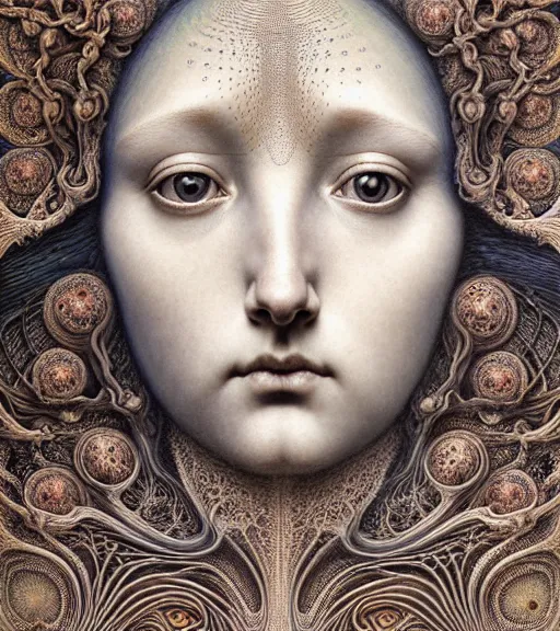 Image similar to detailed realistic beautiful poppy goddess face portrait by jean delville, gustave dore, iris van herpen and marco mazzoni, art forms of nature by ernst haeckel, art nouveau, symbolist, visionary, gothic, neo - gothic, pre - raphaelite, fractal lace, intricate alien botanicals, ai biodiversity, surreality, hyperdetailed ultrasharp octane render