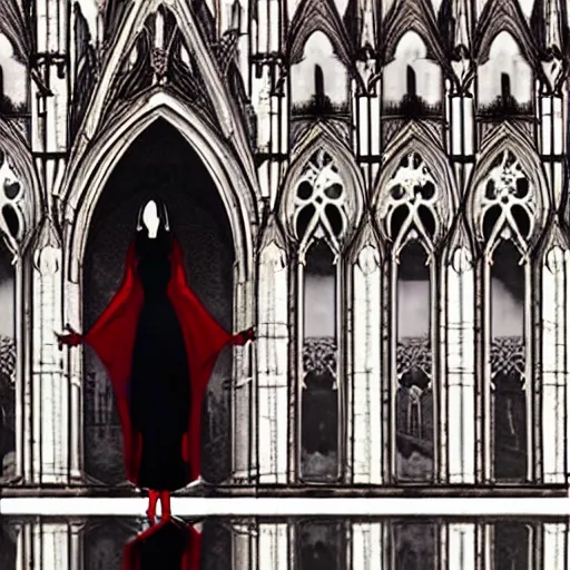 Image similar to movie shot, landcape, architectural shot, no decaying lines, background of an alabaster gothic cathedral, with long ephimeral windows with reflection of red flames, as subject a gothic woman with an intricate arabesque detailed black dressed, macro head face