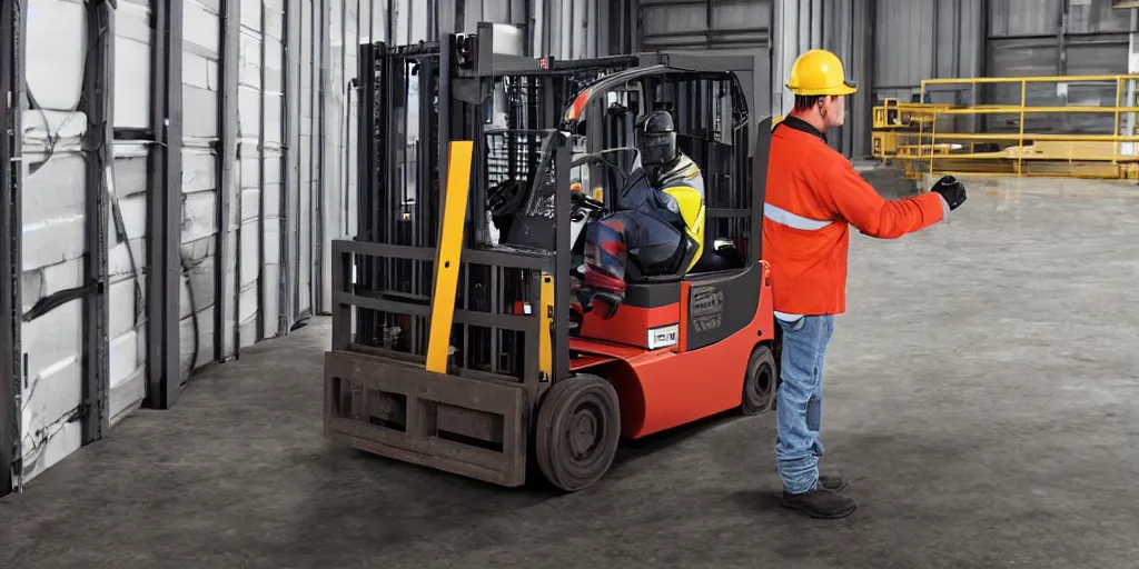 Prompt: forklift operator with a vr headset breaking a wall
