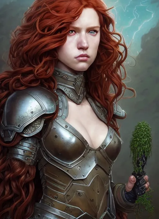 Image similar to ranger, light armor!!! long curly red hair!! covered chest!!! green eyes, fantasy, d & d, intricate ornate details, digital painting, pretty face!!, symmetry, concept art, sharp focus, illustration, art by artgerm! greg rutkowski magali villeneuve wlop! ilya kuvshinov!!, octane render