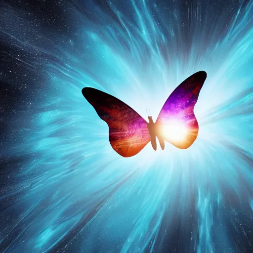 Prompt: abstract butterfly flies over mountains under black hole graphics