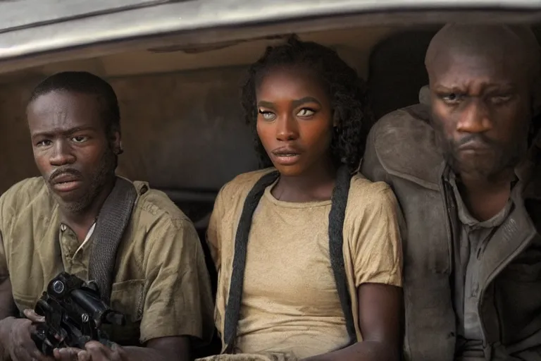 Image similar to movie diverse interracial team of robbers armed with rifles interior van, beautiful skin, natural lighting by Emmanuel Lubezki