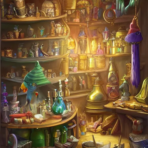 Image similar to Fantasy artwork of Anthropomorphized parrot trader in his shop, shelves full, selling a gem, portrait, items, magic potions, carpet, window, fancy funny hat, sly expression , cunning expression, cute expression, presenting magic gem, D&D, fantasy, cinematic lighting, highly detailed, digital painting, artstation, concept art, smooth, sharp focus, illustration, warm light, cozy warm tint, magic the gathering artwork, volumetric lighting, 8k, no gold, no gold colours, art by Akihiko Yoshida and Greg Rutkowski