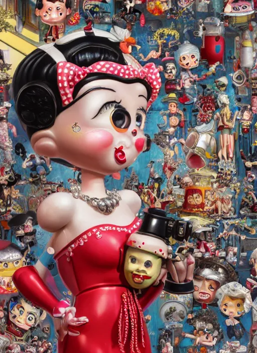 Image similar to closeup of a tin toy betty boop, depth of field, zeiss lens, detailed, symmetrical, centered, fashion photoshoot, by nicoletta ceccoli, mark ryden, lostfish, earl nore, hyung tae, frank frazetta, breathtaking, 8 k resolution, extremely detailed, beautiful, establishing shot, artistic, hyperrealistic, octane render