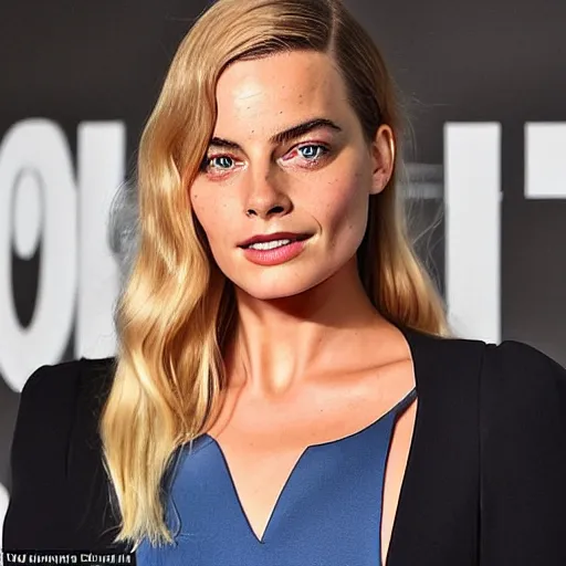 Image similar to a woman who is a genetic combination of margot robbie and emma watson face and upper - body focus