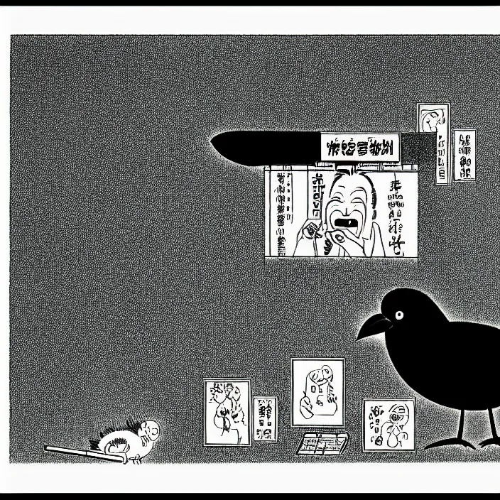 Image similar to a still frame from comic strip, black funny hairy bird 1 9 5 0, hasui kawase, herluf bidstrup, new yorker illustration, monochrome bw, lineart, manga, tadanori yokoo, simplified, isometric blueprint