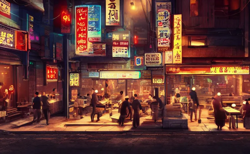 Image similar to a small cozy ramen restaurant in a busy thriving cyberpunk street at night, trending on cgsociety, unreal engine, 4 k wallpaper