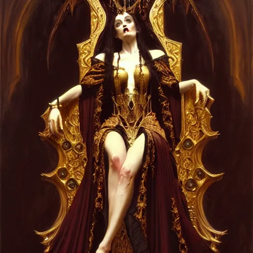 Image similar to full body portrait of beautiful vampire queen in gold gothic robes sitting on a throne of bones, elegant, highly detailed painting by gaston bussiere, craig mullins, j. c. leyendecker, 8 k, mid shot