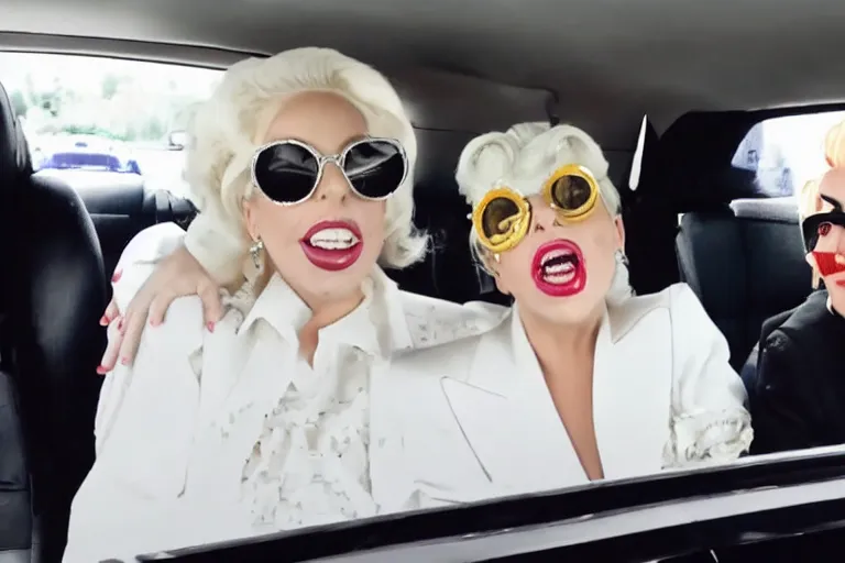 Image similar to lady gaga and judy garland carpool karaoke, highly realistic, highly detailed, high resolution, 8 k 4 k,