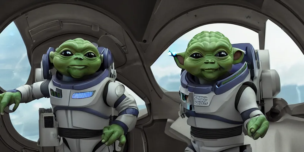Image similar to a 3 d rendered movie still, wide - angle shot, 1 0 0 meter in the distance, baby yoda wearing a spacesuit, and exploring cosmos in a super awesome space ship. dramatic lighting, imax, 7 0 mm. science fiction blockbuster movie, buzz lightyear.