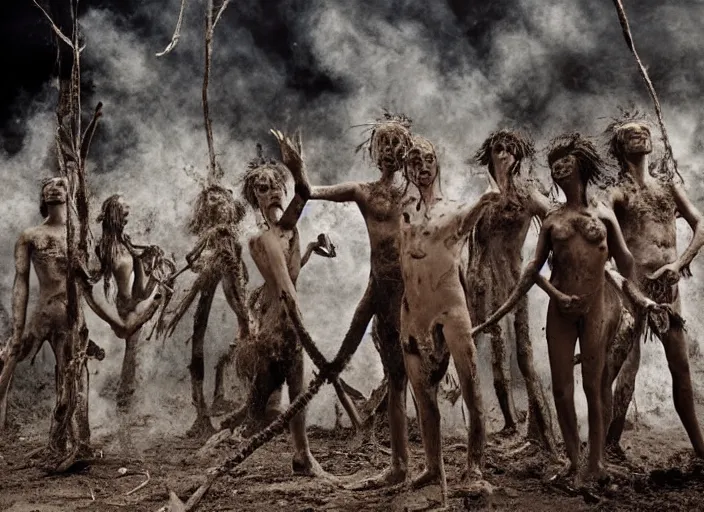 Image similar to sensual scene from art house film by alejandro jodorowsky, roger ballen, surreal dance scene of ritual in a picturesque outdoors setting, ashes, new guinea mud man, costumes, snakes, smoke, close - up of the actors'faces, sharp, medium format 6 x 6, 1 6 k