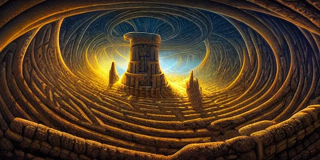 Prompt: painting of a ancient labyrinth in the style of nebulapunk by dan seagrave and tomasz alen kopera