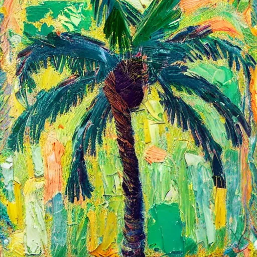 Image similar to oil paint impasto relief, painting of a palm tree in italy, multi layered thick brush marks, some splattered paint, in the style of monet and frank auerbach