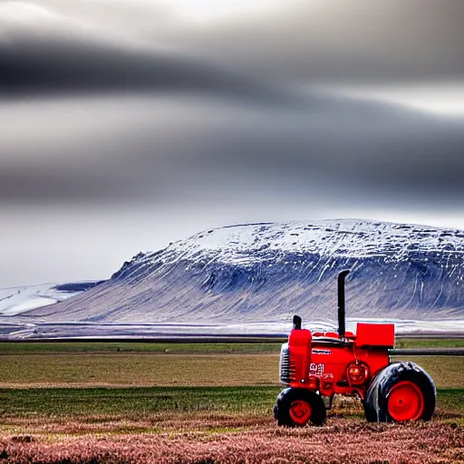 Prompt: a wide angle HDR photograph of a red tractor in a field in Iceland, snowy mountain backdrop with moody clouds, shot from low angle