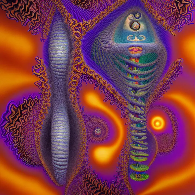 Prompt: 3 d render of infinite fractals of consciousness, recursion, symbols, surreal, by salvador dali and mc escher and alex grey, oil on canvas, hd, dreams, intricate details, warm colors, octane render