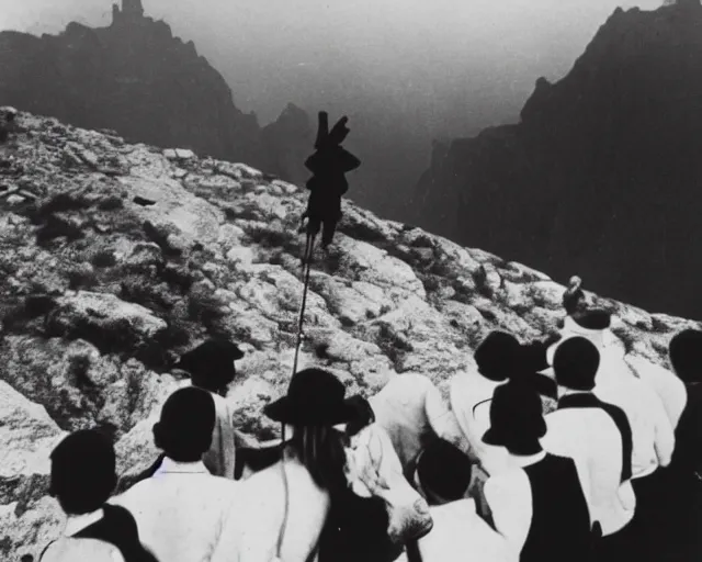 Image similar to a group of people standing on top of a mountain, a black and white photo by Sergio Larraín, featured on flickr, remodernism, movie still, criterion collection, 1920s