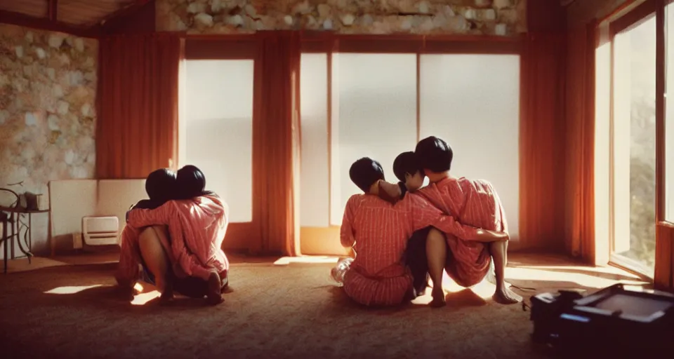 Image similar to 1 9 9 3, disposable camera, flash, pov, wide shot of asian couple hugging at each other, sitting in rural living room, group of mechanical fans placing around the room, day light, high details, octane render, realistic