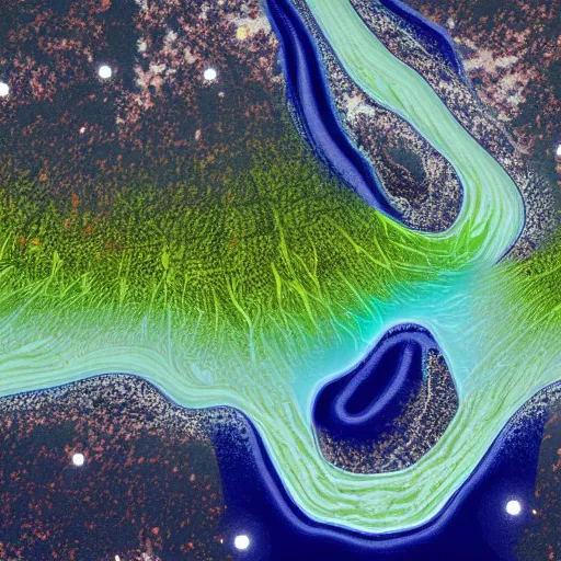 Prompt: hyperrealistic landsat image of a river flowing in an interesting shape, detailed, 4k, vector, contrasting colors, award winning, false colors